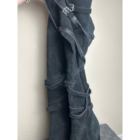 Sam Edelman Over The Knee Boots Women's Size 9.5 Black Suede Strappy Heeled Boot - Picture 9 of 16